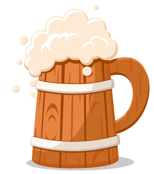 Dřevěný Hrnek Plný Piva Pěnou Bílém Pozadí — Stockový vektor