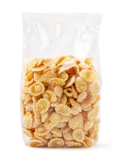 Cornflakes Einer Transparenten Verpackung Großaufnahme Auf Weißem Hintergrund Isoliert — Stockfoto