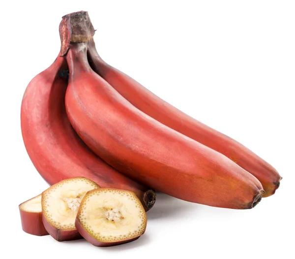 Κόκκινες Ολόκληρες Μπανάνες Και Φέτες Από Κοντά Λευκό Φόντο Μεμονωμένα — Φωτογραφία Αρχείου