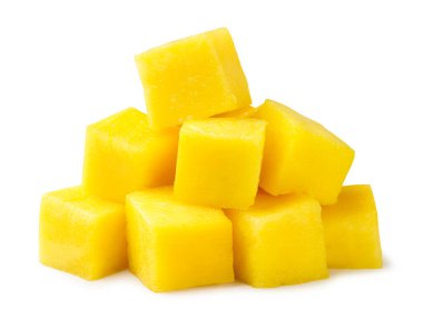 A pile of mango slice close-up on a white background. Isolated
