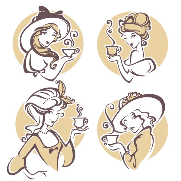 Set of different historical womans with cup of tea, logo for res — Stock Vector