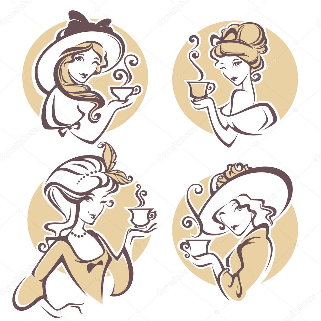 set of different historical womans with cup of tea, logo for res