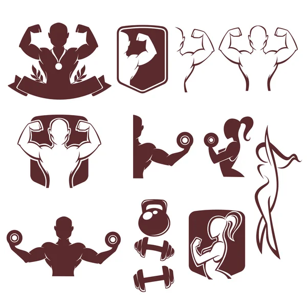 Fitness, gym och träningspass för man och kvinna, emlems och logotypen col — Stock vektor