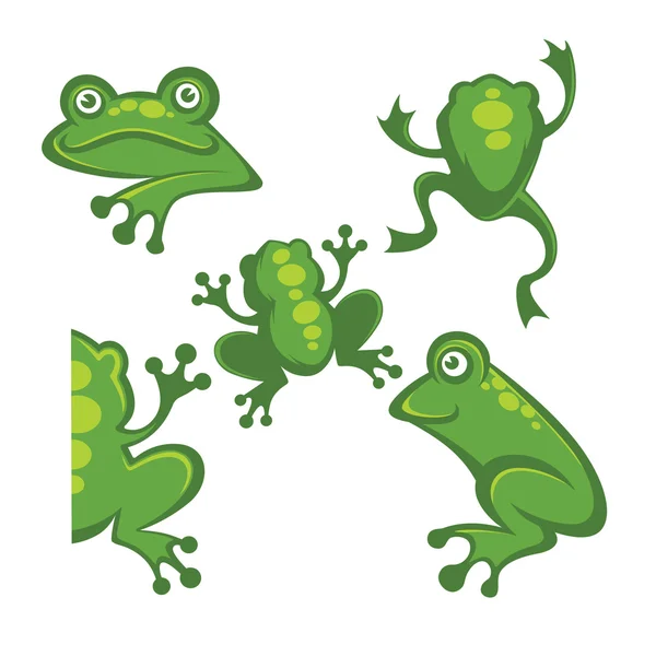 Lindo personaje de dibujos animados rana árbol verde iconos, símbolos y emblema — Vector de stock