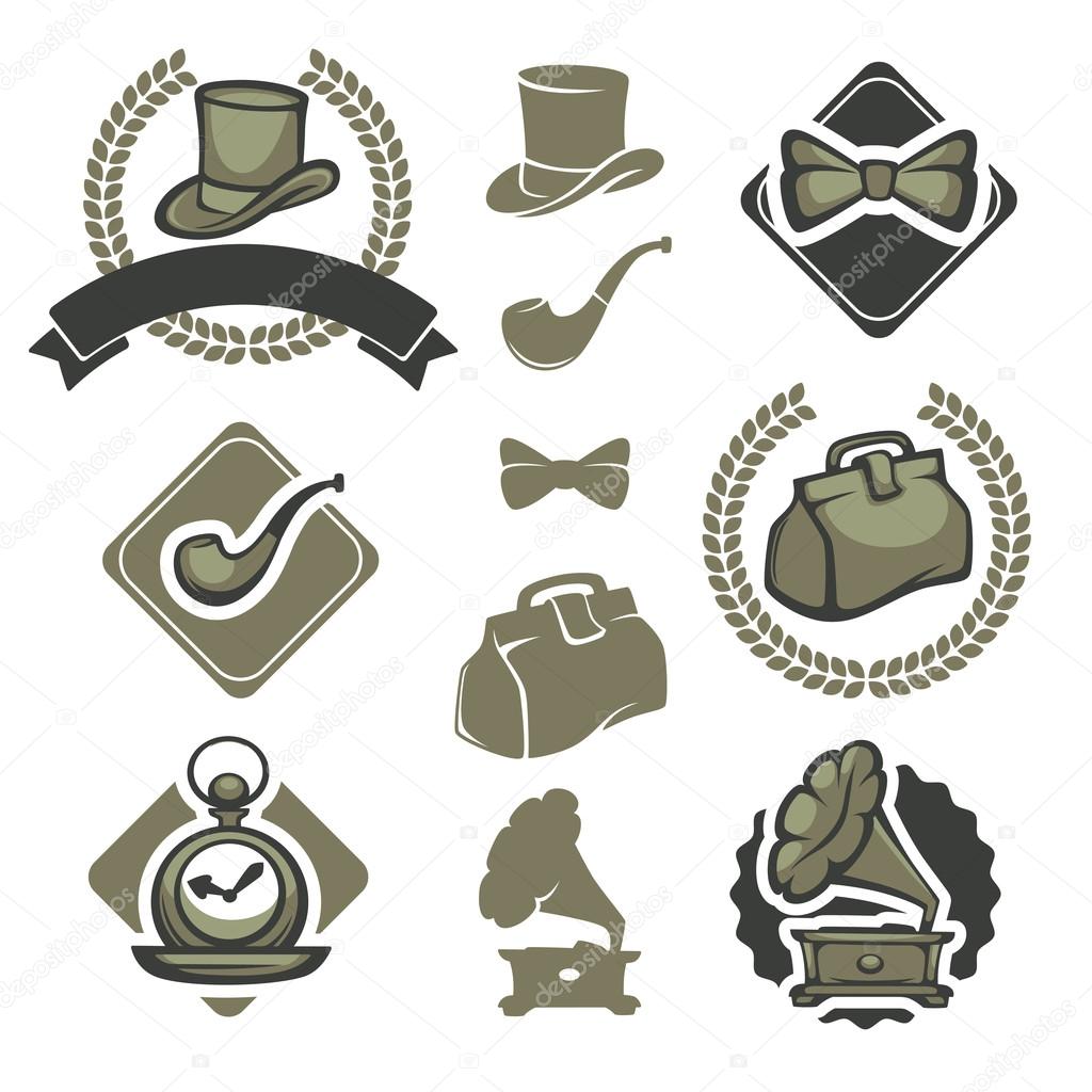 collection of victorian gentleman emblems, labels, badges and de