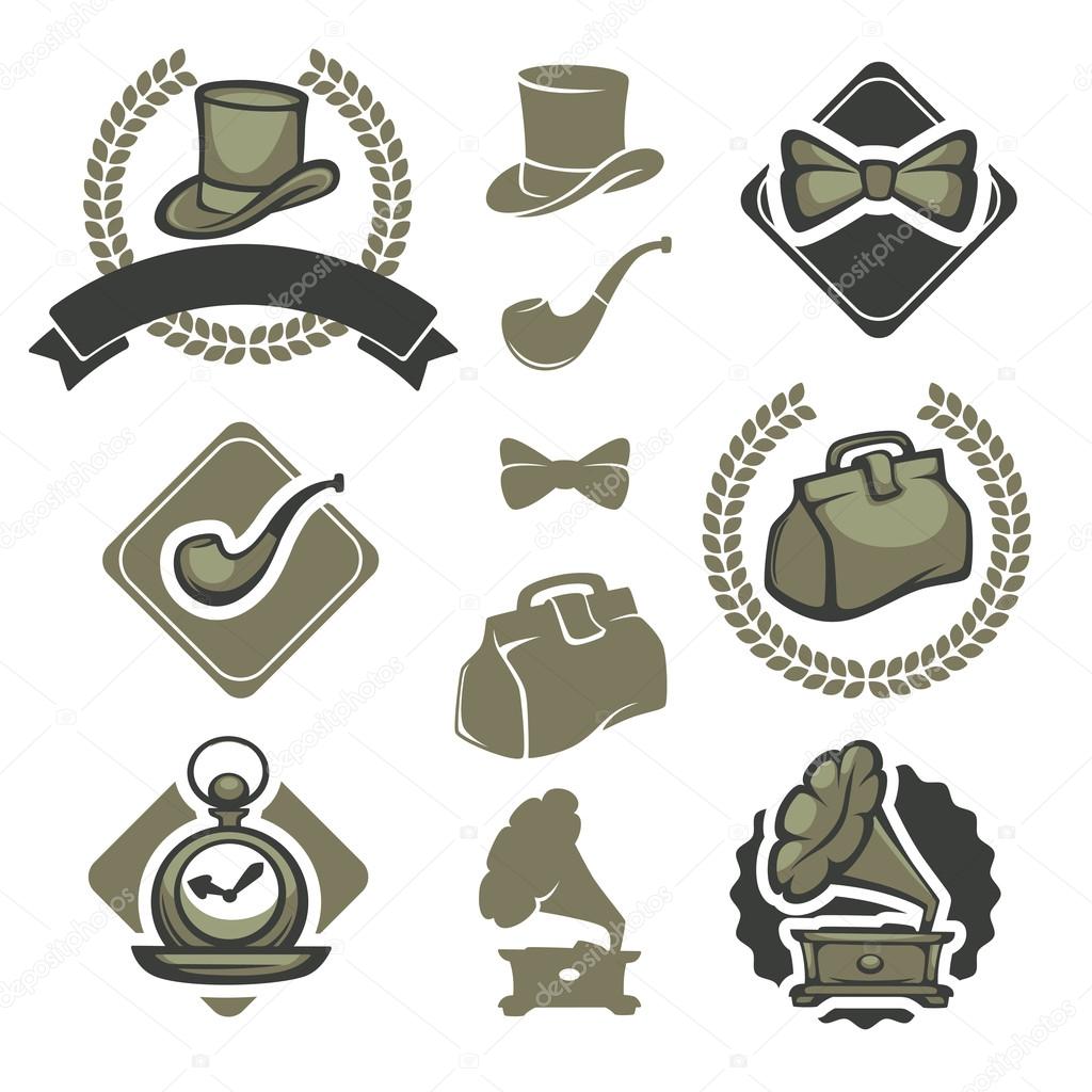 Collection of victorian gentleman emblems, labels, badges and designed elements.