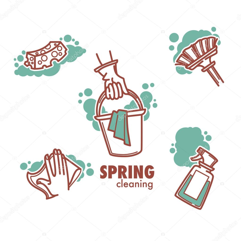 Cleaning, washing, sweeping and chamberwork, vector linear emblem, logo and symbols collectio