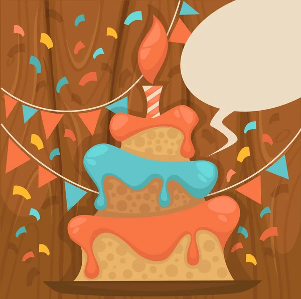 Fond vectoriel avec image de gâteau d'anniversaire, bougie et discours — Image vectorielle