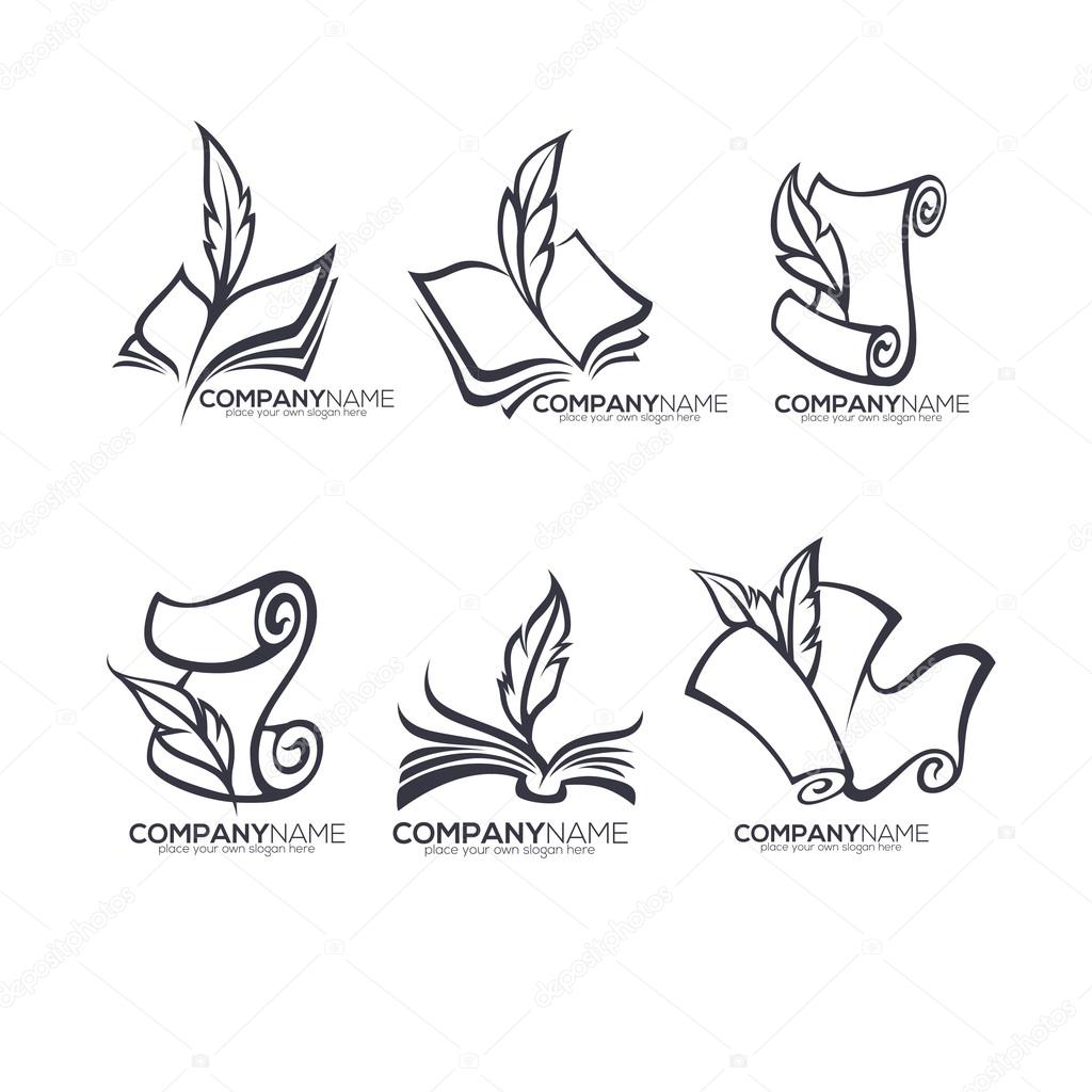 Collection of old books, parchment, poetry, literature and history symbols, logo and emblems