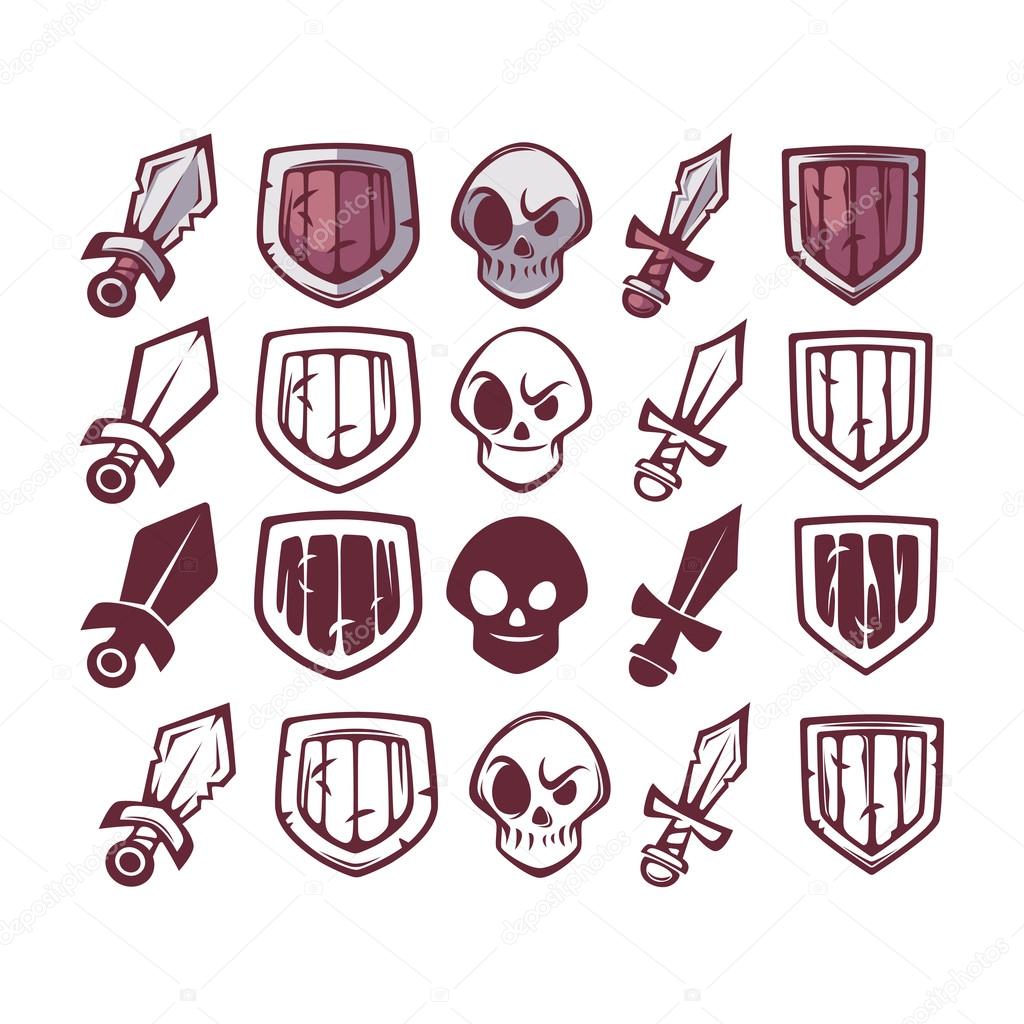 Vector Game Icons Set, Sword, Skull and Shield for Your Game and Ui Design