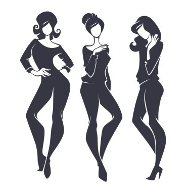 genç, güzellik, moda ve moda kızlar, vector silhouettes