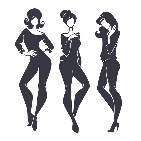 Jeune, beauté, mode et filles à la mode, silhouettes vectorielles — Image vectorielle