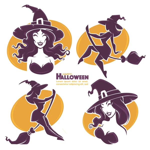 Jóvenes brujas felices y atractivos, vector de la colección de Halloween — Vector de stock