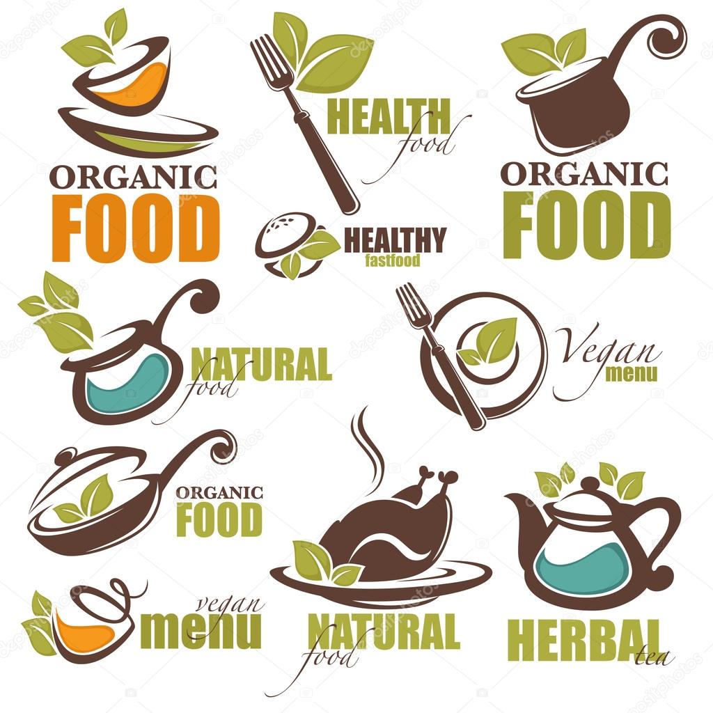Healthy, organic, green and vegan foor logo, icons and emblems collection