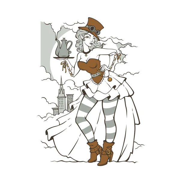 Chica Steampunk Sosteniendo Una Cafetera Ilustración Vectorial Gráficos Vectoriales