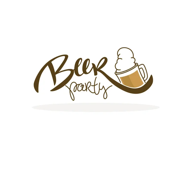 ビアパーティー あなたのパブのロゴ ラベル メニュー エンブレム ラインアート ドアスタイルのための生ビールマグカップやレタリング組成物とベクトルイラスト — ストックベクタ