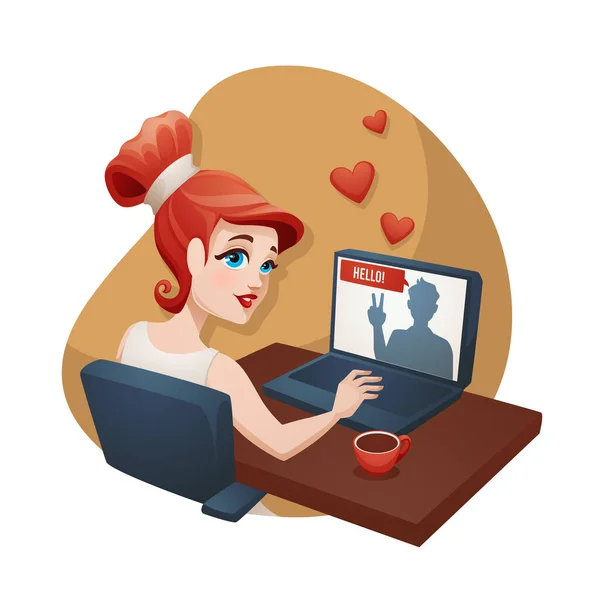 Computer Dating App Mädchen Online Dating Vektor Cartoon Illustration — Stockvektor