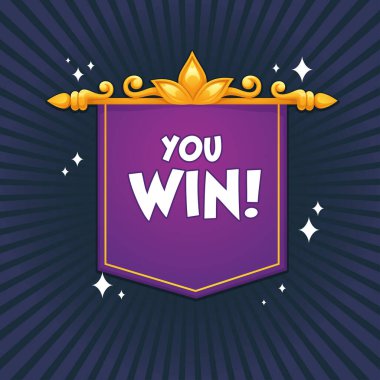 Kazandın, tebrik ederim parlak ve parlak bayrak koyu arkaplanda kompozisyon ile