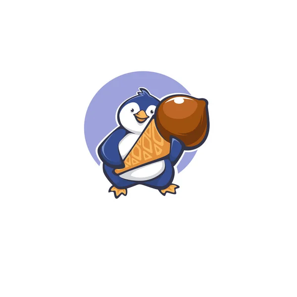 Pinguin Holding Large Ice Cream Vector Logo Mascot — Stock Vector