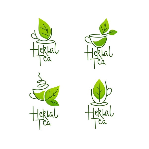 Травяной Зеленый Чай Векторная Коллекция Логотипа Этикетки Эмблемы Буквенной Композицией — стоковый вектор