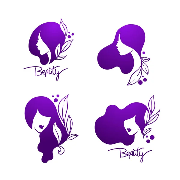Красива Жінка Довгим Волоссям Рослинами Векторні Емблеми Логотип Композицією Написання — стоковий вектор