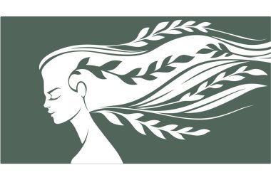 Doğanın güzelliği, karanlık arka planda kadın silueti ve çiçekli saçlar