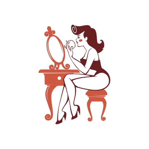 Ομορφιά Pinup Κορίτσι Κοιτάζοντας Τον Καθρέφτη Και Κάνει Μακιγιάζ — Διανυσματικό Αρχείο