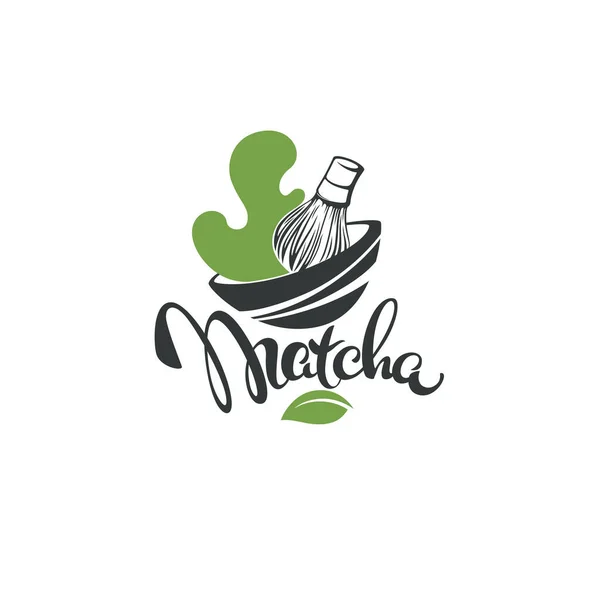 Matcha Theelabel Logo Embleem Label Met Groene Bladeren Opschrift — Stockvector