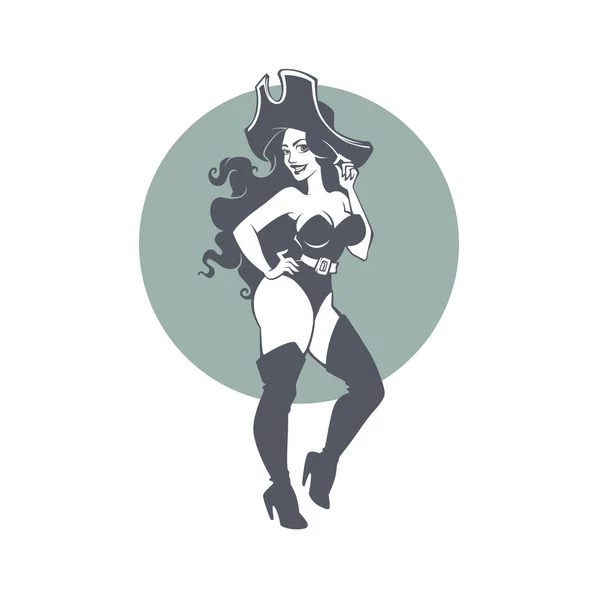 Piratenfeest Vectorportret Van Een Mooie Pinup Dame Corsair Kostuum Hoed — Stockvector