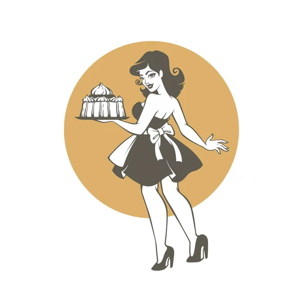 Belleza Retro Pinup Chica Dibujos Animados Sosteniendo Delicioso Pastel Sabroso — Archivo Imágenes Vectoriales