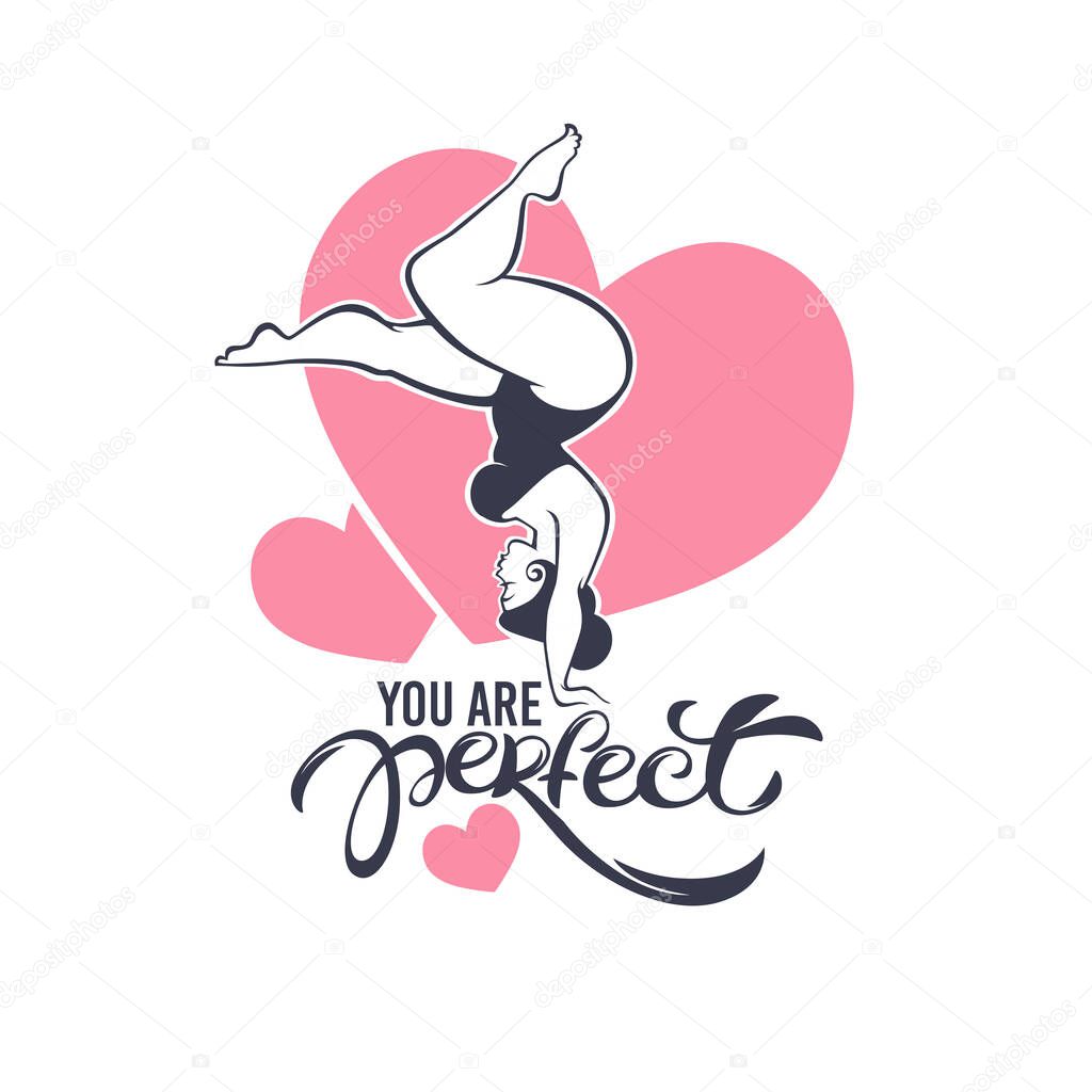 You are perfect happy plus size pinup girl on heart shape background and lettering composition