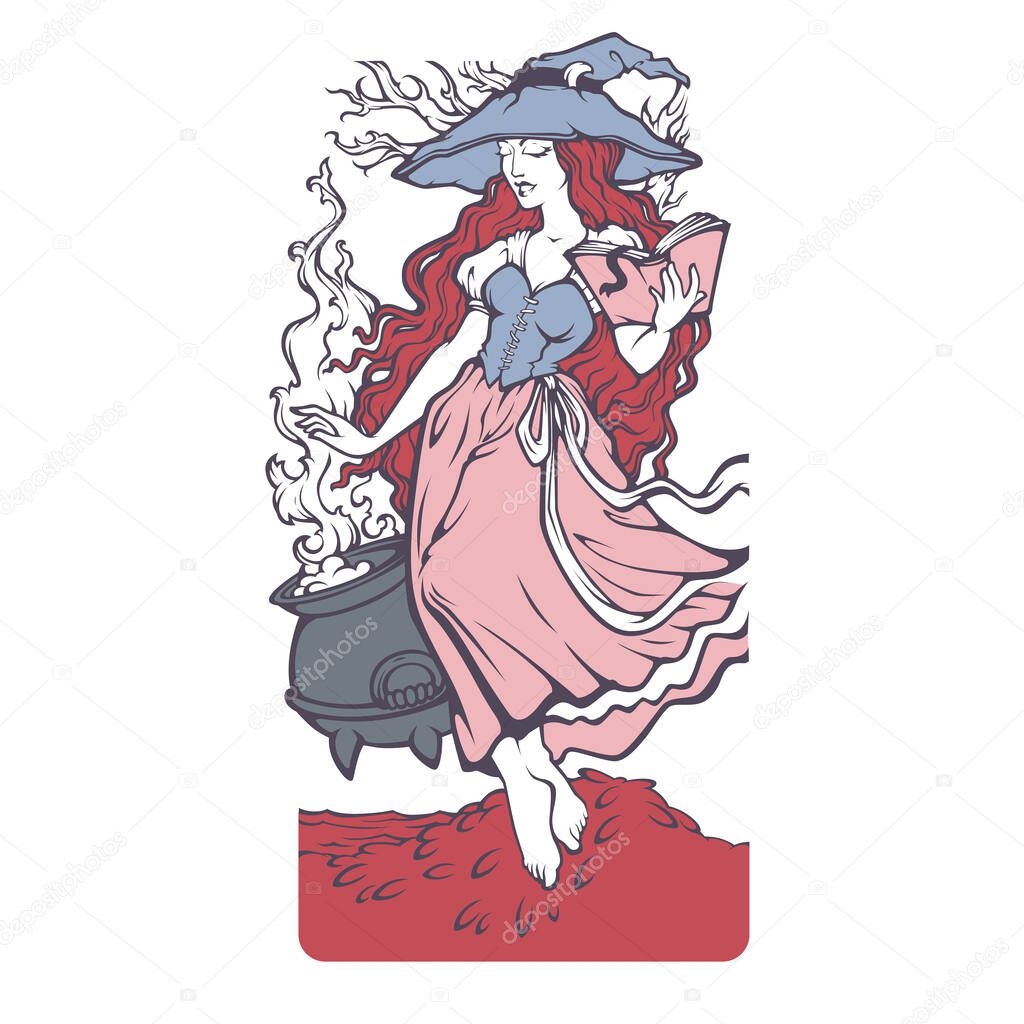 Vector portrait of young witch in magic hat making a potion for your magic or Halloween illustration