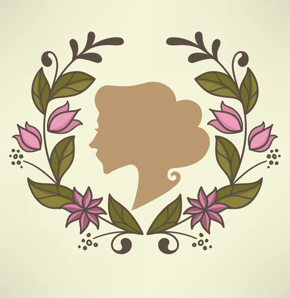 Retro mujer retrato y marco floral — Vector de stock