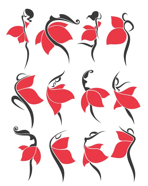 Large vector collection of girls in red dresses look like a flow — Stock Vector