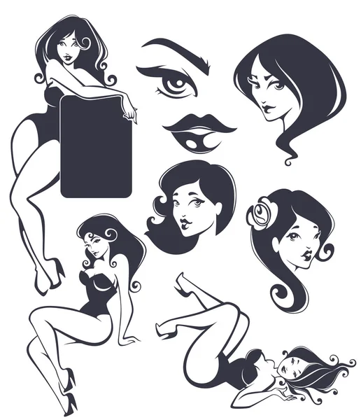 Colección de vectores de pinup niñas y caras — Vector de stock