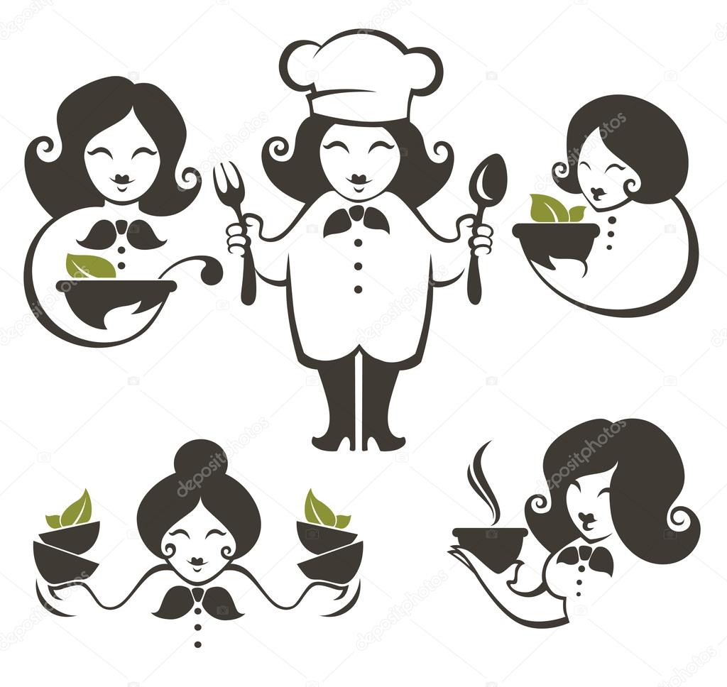 Food and cartoon woman chef silhouettes, vector collection emble