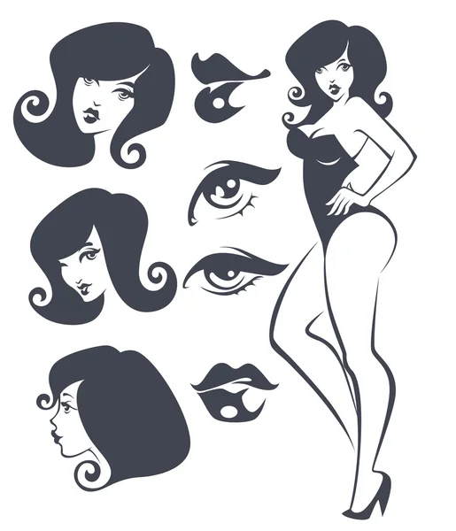 Vector collection of pinup girls and faces — Stock Vector