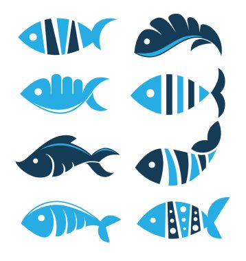 Set of vector fish icons, signs, symbols and emblem