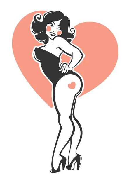 Plus size pin up girl on heart fone — стоковый вектор