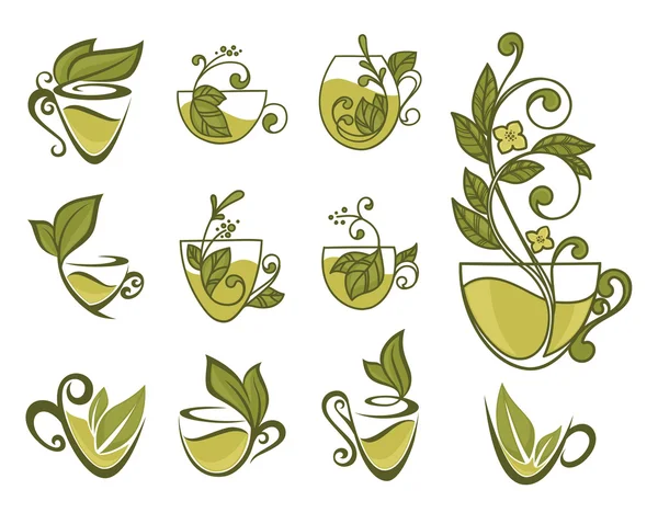 Зеленый травяной чай, векторная коллекция форм, символов и изображений — стоковый вектор