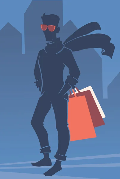 Silueta vectorial del hombre guapo con bolsas de compras — Vector de stock