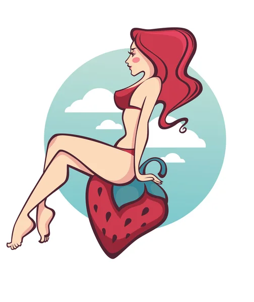 女の子とイチゴ、夏のベクトル図 — ストックベクタ