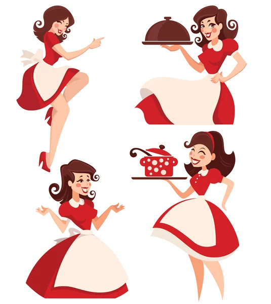 Helpful housewife vector cartoon retro woman collection — Stock Vector