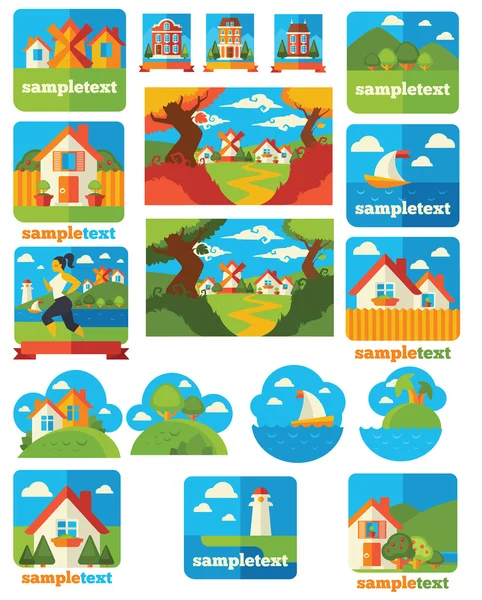 Grote cartoon lndscape, vellarge en natuur illustratie, embleem — Stockvector