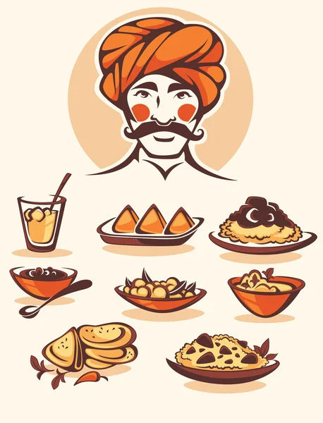 Vector collection of traditional indian food and chef image — Stock vektor