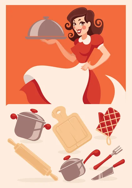 Objets de cuisine et dessin animé femme au foyer — Image vectorielle