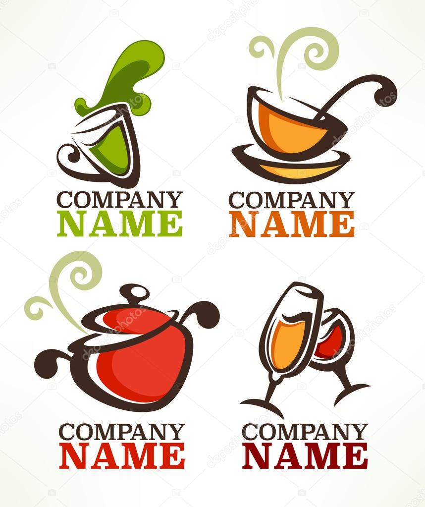 Vector collection of cooking equipment and food symbols and logo