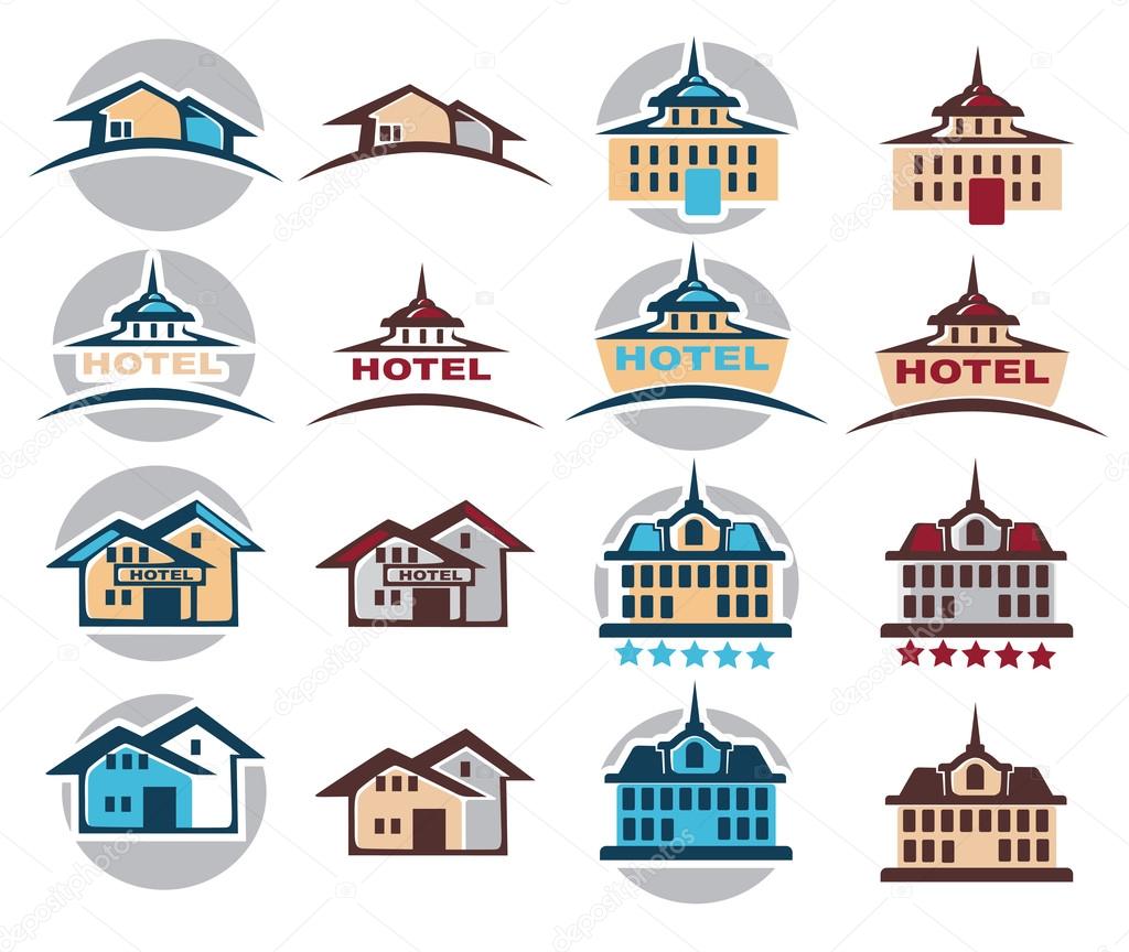 Hotel, home, cottage,  building Icon, logo, emblem vector collection