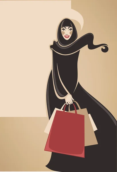 Beautiful image of arabic muslim woman doing shopping, vector il — Stock Vector
