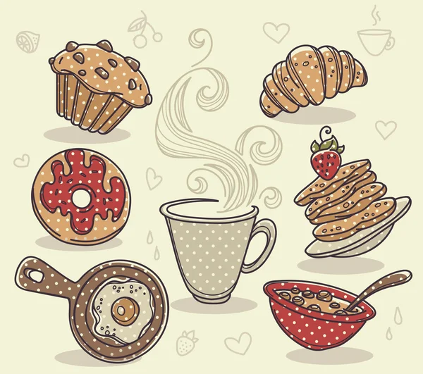 Bonjour, collection dessinée à la main de mea petit déjeuner traditionnel — Image vectorielle